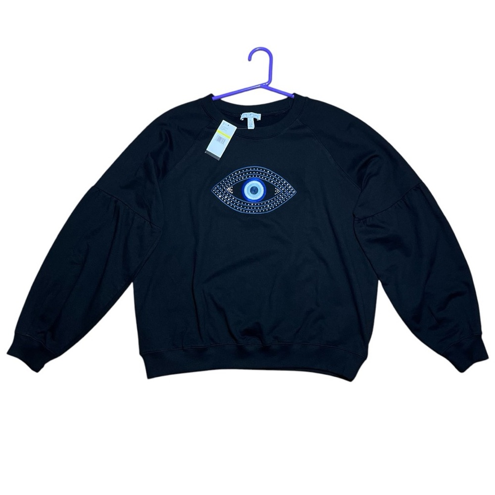 Sofia Vergara Embroidered Evil Eye Drop Shoulder Sweatshirt NWT In Black Sz L